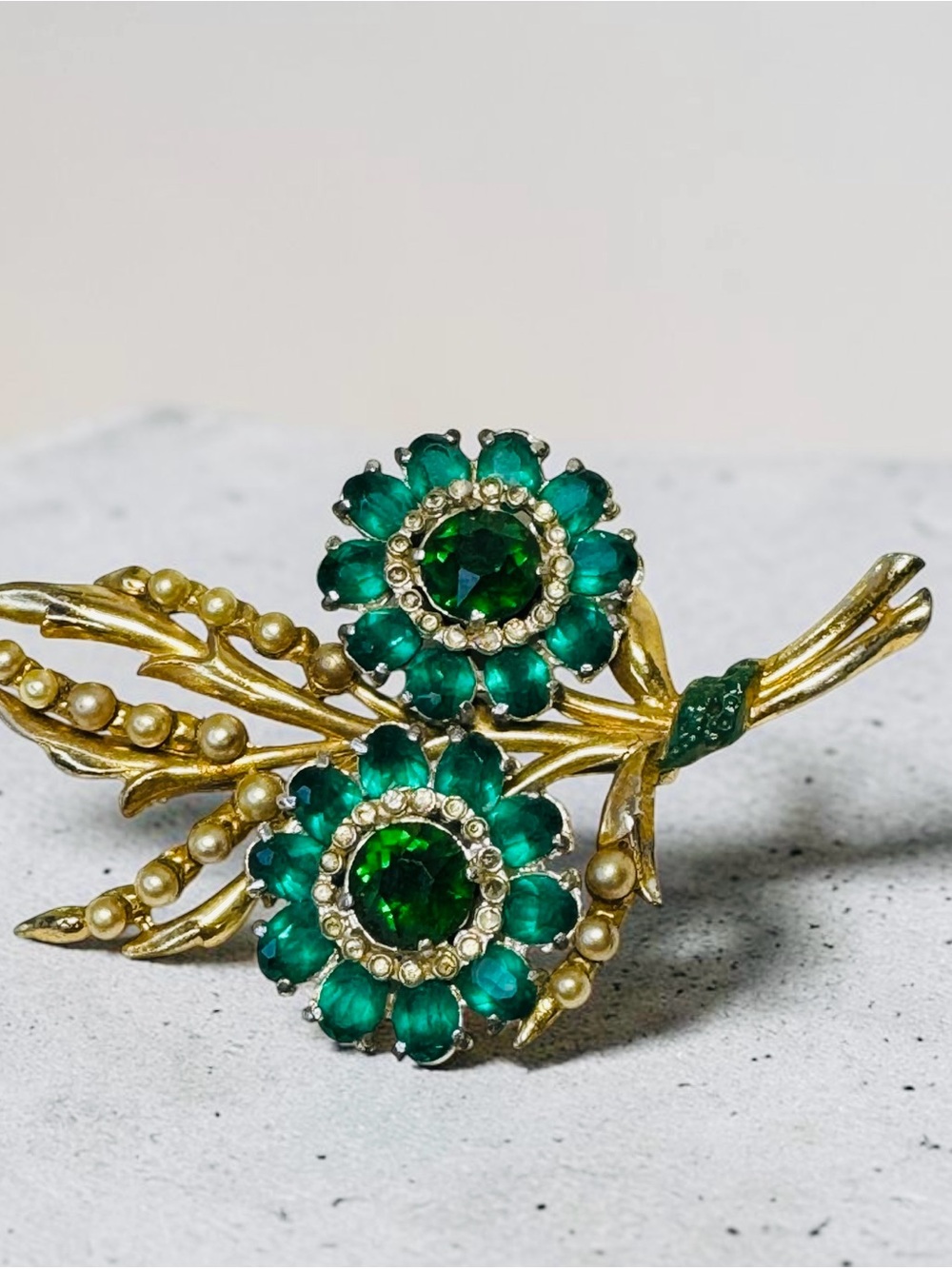Double Floral Brooch with Emerald Green Crystals and green enamel